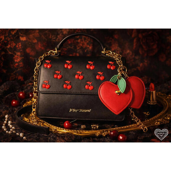 Betsey Johnson Cherry Crossbody Bag Black Red Heart Charm NWT - Picture 3 of 9